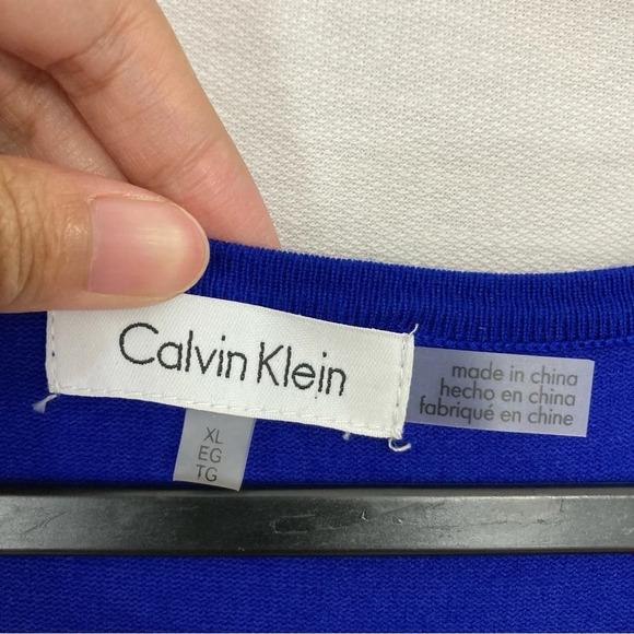 Calvin Klein Blue Black Round Neck Stretch Tight Knit Asymmetric Sweater XL - Picture 2 of 9